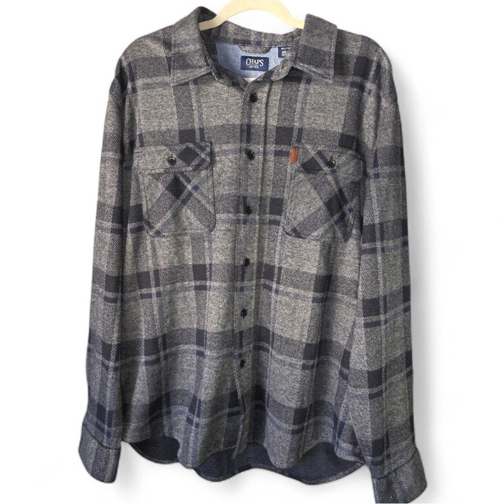 Chaps Black & Gray Plaid Flannel Shirt XXL Button-Up Stretch Soft Casual Classic - Picture 1 of 6